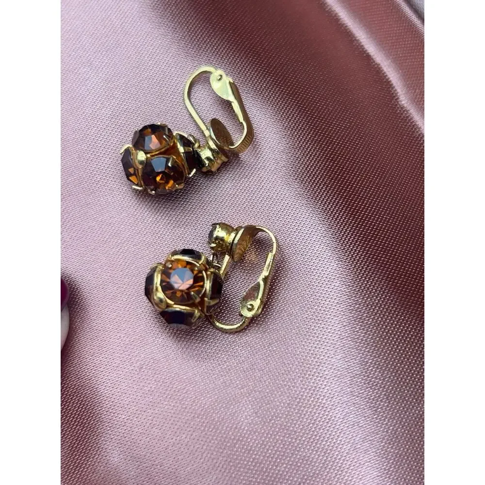 Vintage Amber Rhinestone Dangle Clip-On Earrings Gold Tone Crystal